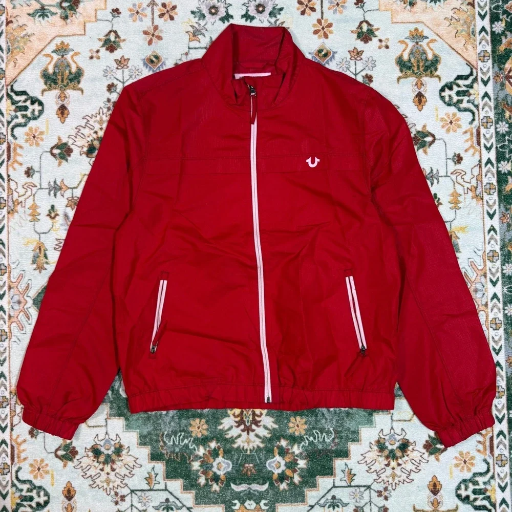 True Religion Red Jacket Full Zip Lightweight Bomber Style Menswear